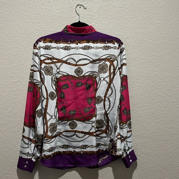 New‎ York & Company NY&C Blouse Shirt  Chain belt Belt Design purple White Sz M - Picture 9 of 10